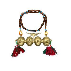 Vintage African Tribal Necklace with Brass Face Pendants & Beaded Strand